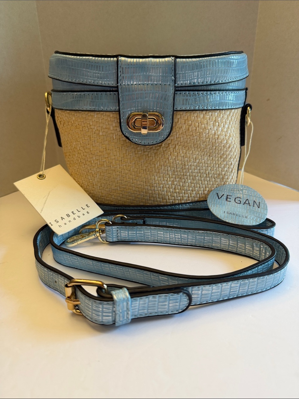 Isabelle Light Blue Vegan Straw Crossbody Bag